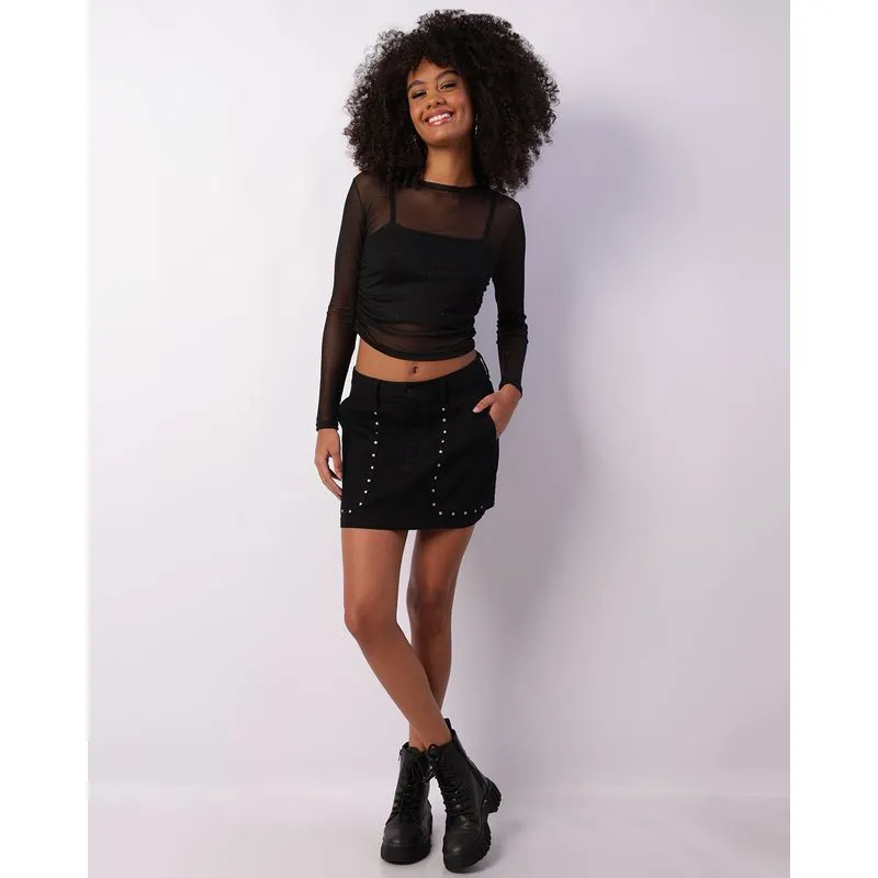 Minissaia Feminina Sarja Com Bolsos Carpinteiro Tachas Preta 38