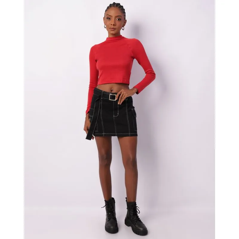 Minissaia Sarja Feminina Bolso Cargo com Cinto Preta 38