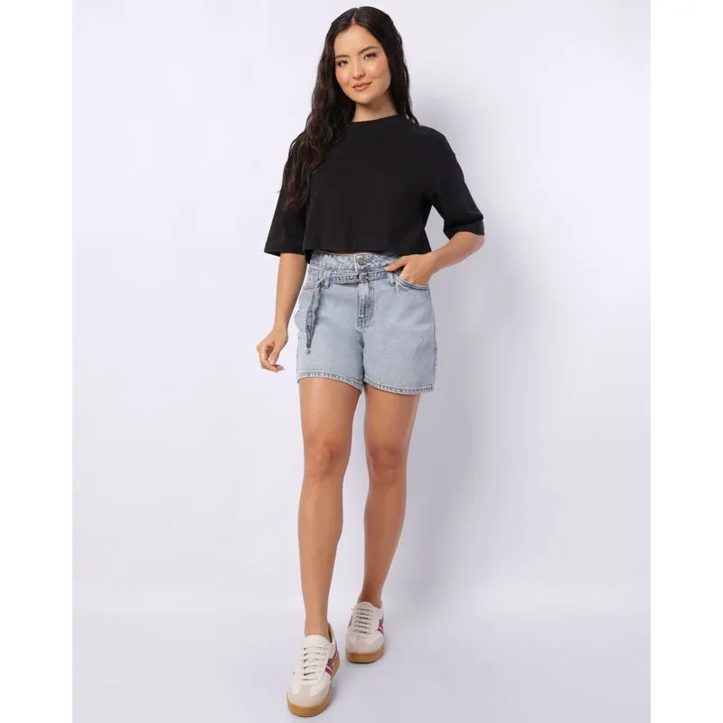 Short Jeans Feminino Algodão com Cinto Azul 36