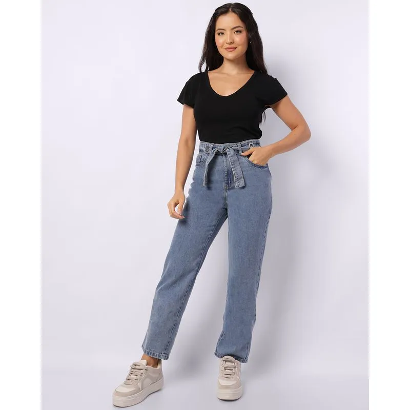 Calça Jeans Feminina Mom com Cinto e Ilhós Azul 46
