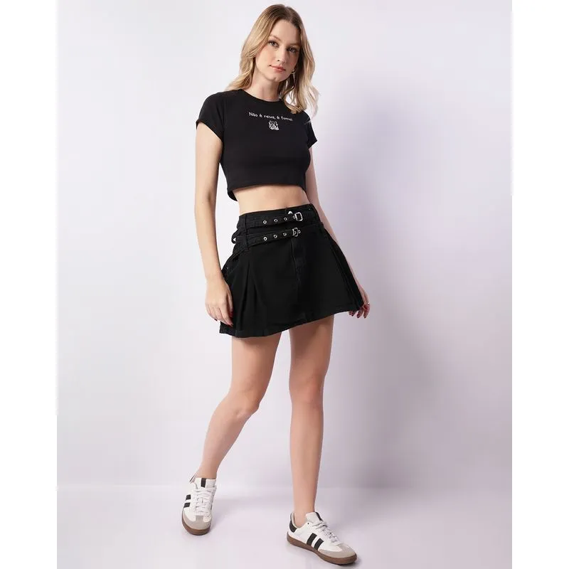 Saia Jeans Feminina com Cinto Pregas Preta 34