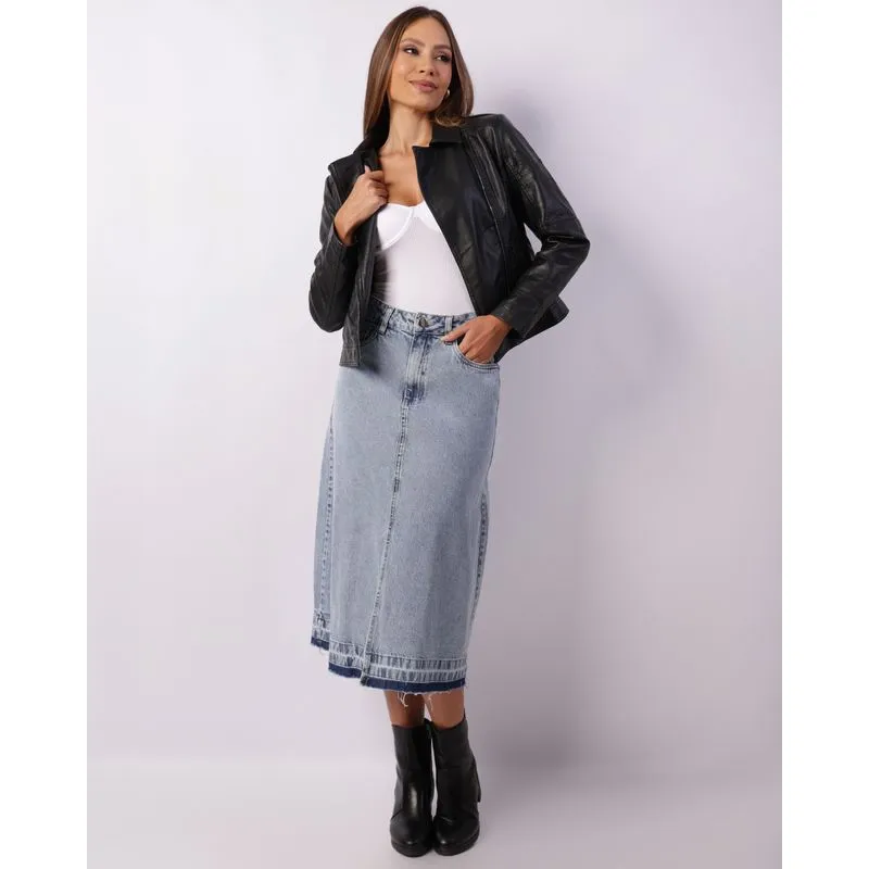 Saia Jeans Feminina Midi Com Abertura Azul 46