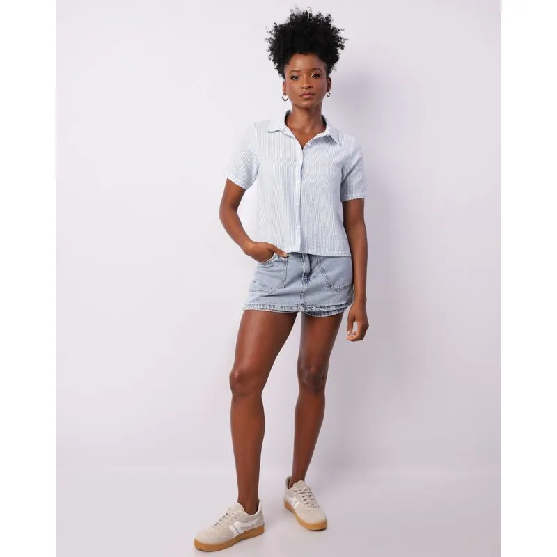 Short Saia Jeans Curto Feminino Carpinteiro Azul 42
