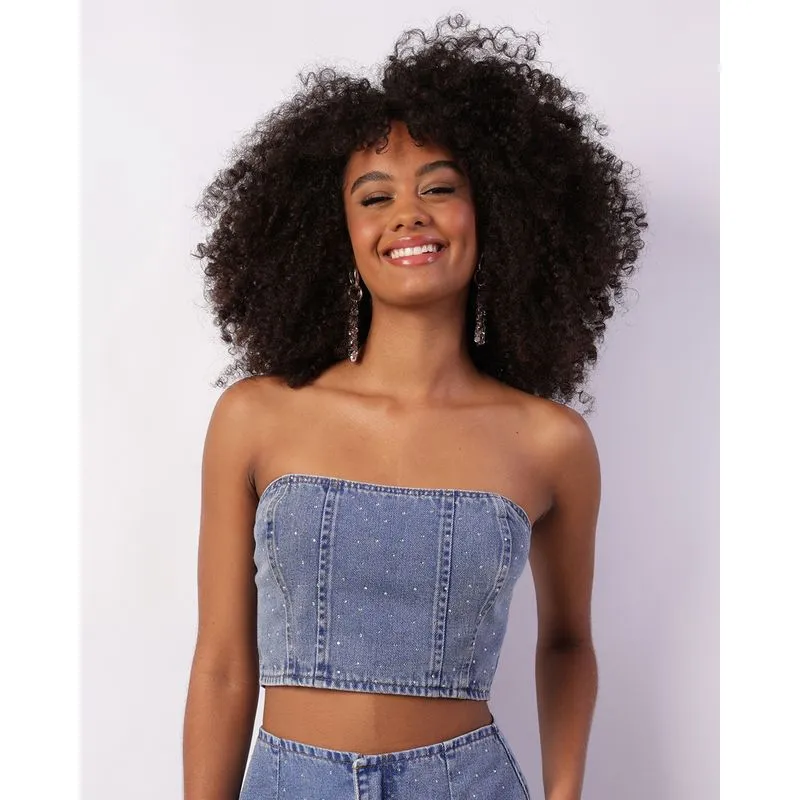 Top Jeans Feminino Lastex Com Strass Azul GG