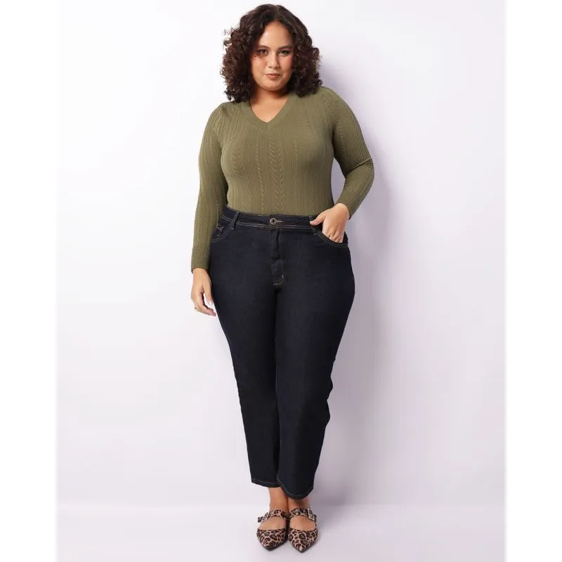 Calça Plus Size Jeans Feminina Reta Pespontada Azul 52