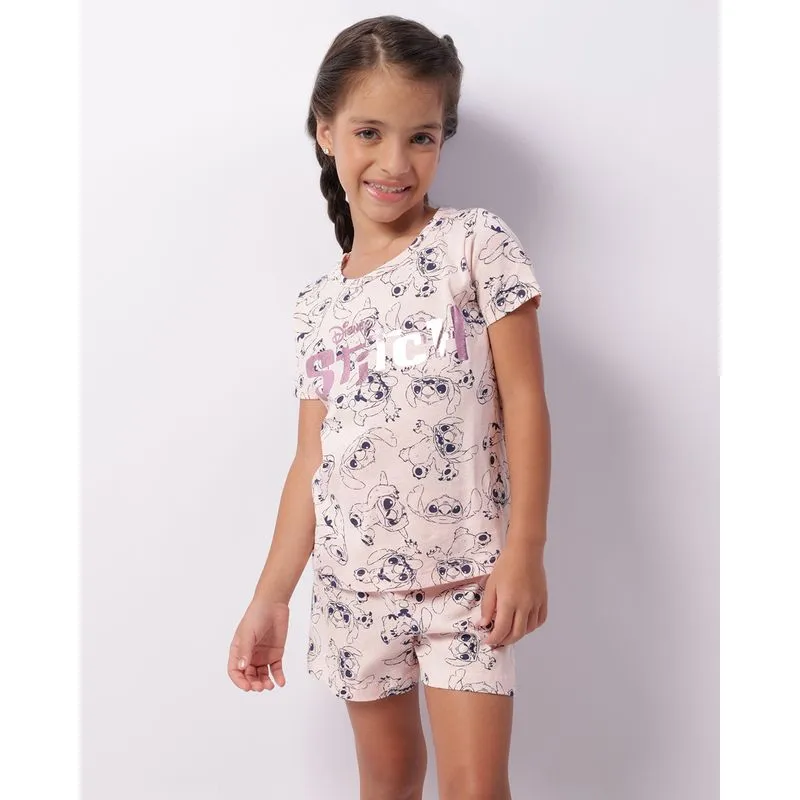 Pijama Infantil Curto Disney Stitch Estampa Foil Rosa 4