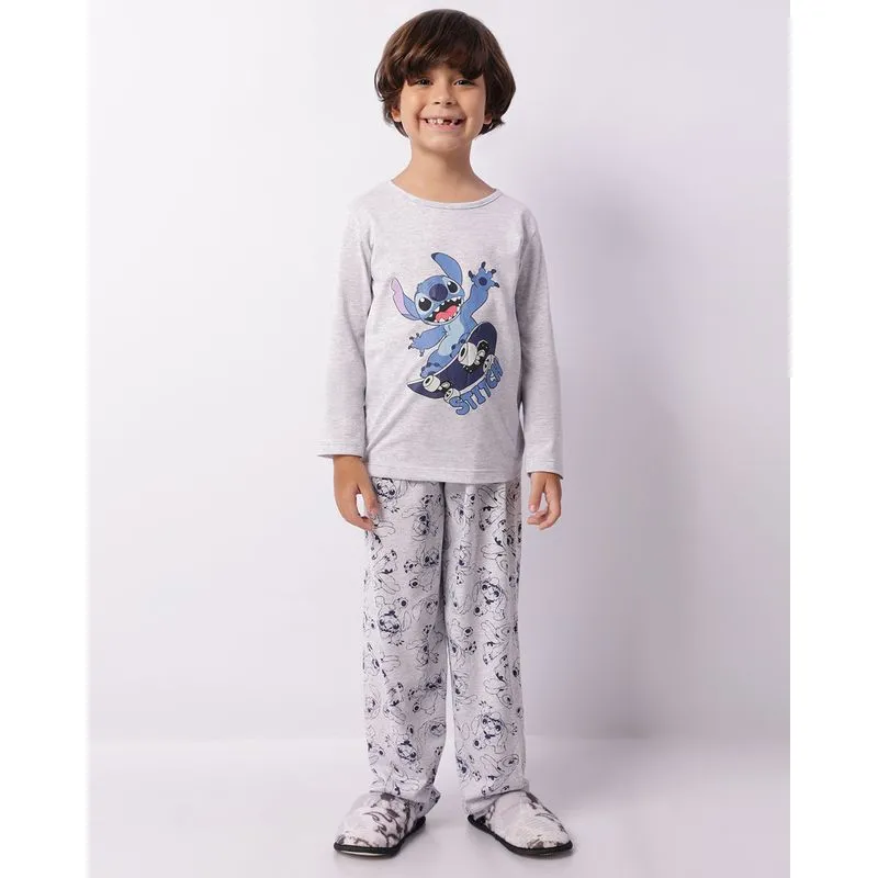Pijama Infantil Disney Stitch Longo Estampado Cinza 8