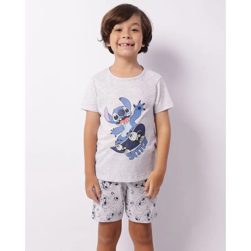 Pijama Infantil Disney Stitch Curto Estampado Cinza 8