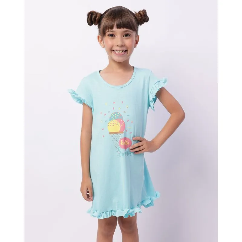 Camisola Infantil Curta Estampa Frontal Babados Azul 8