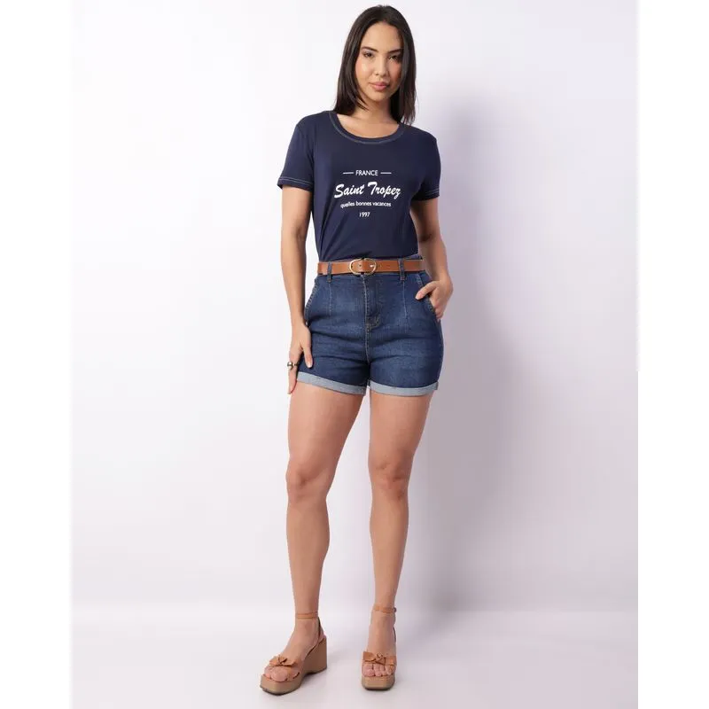 Short Jeans Feminino Curto Com Pregas Bolsos Barra Dobrada Azul 48