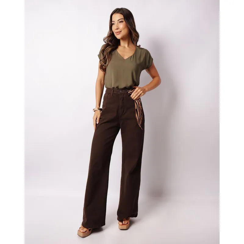 Calça Sarja Feminina Wide Leg Com Lenço Animal Print Marrom 46