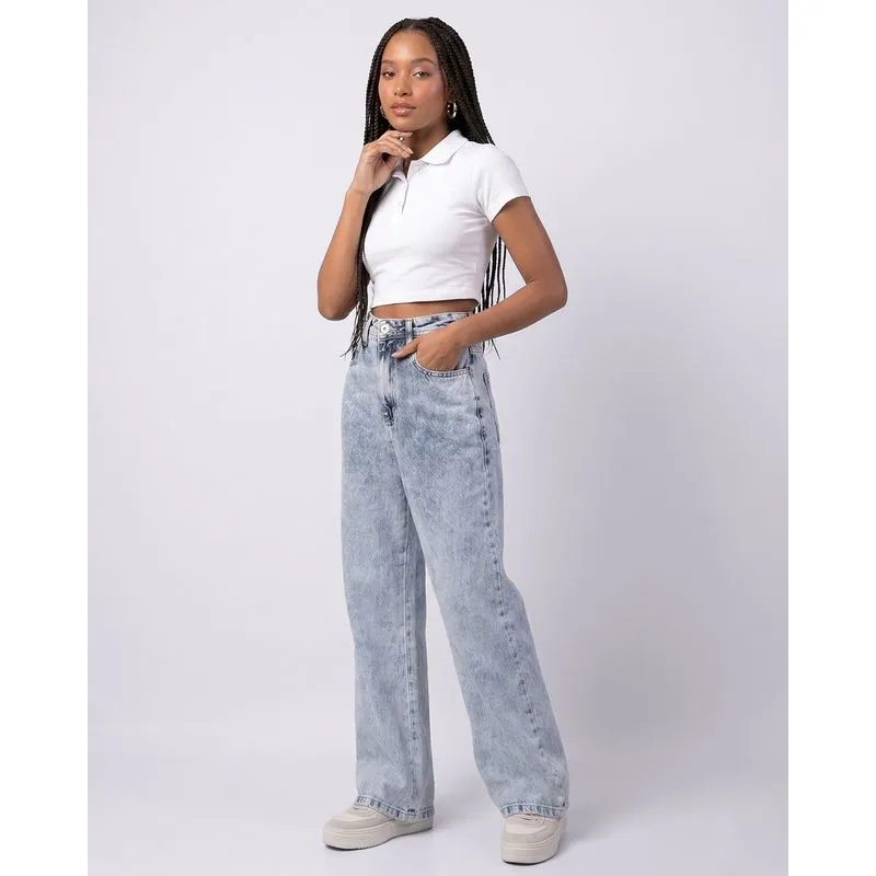 Calça Jeans Feminina Wide Leg Marmorizada Com Bolsos Azul 38