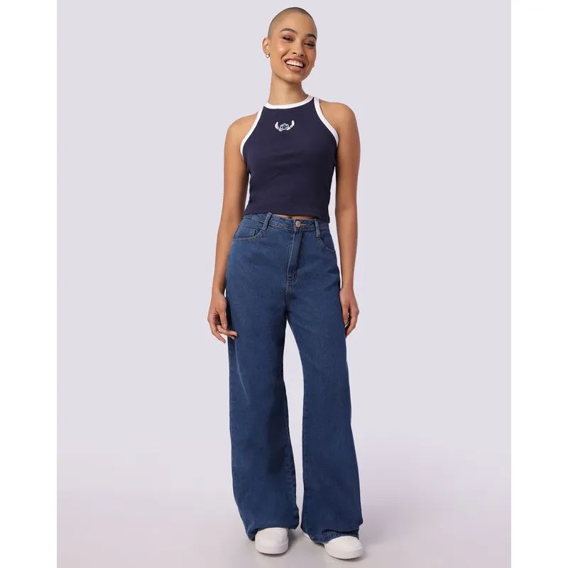 Calça Jeans Feminina Wide Leg com Bolsos Azul 46