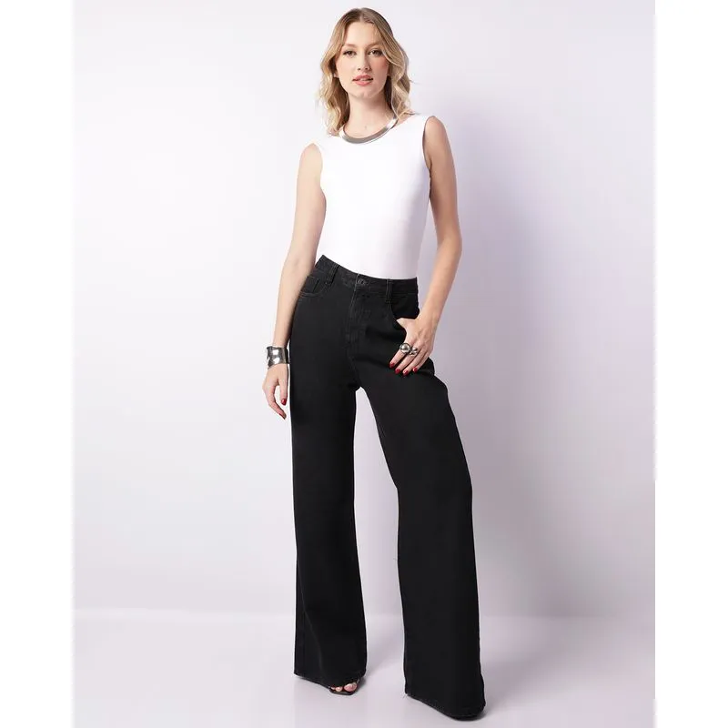 Calça Jeans Feminina Wide Leg Com Bolsos Preta 38