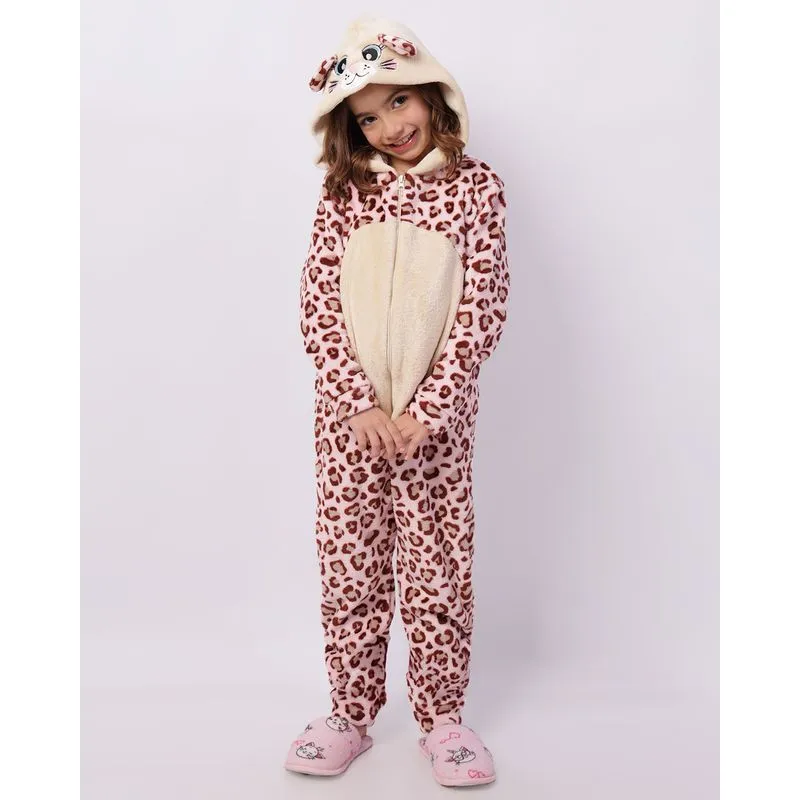 Pijama Macacão Infantil Fantasia Interativa Gatinha Bege 8
