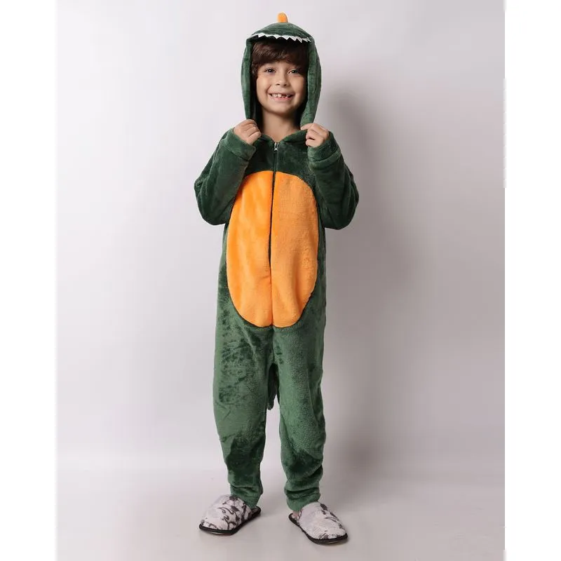Pijama Macacão Infantil Fantasia Interativo Dinossauro Verde 10