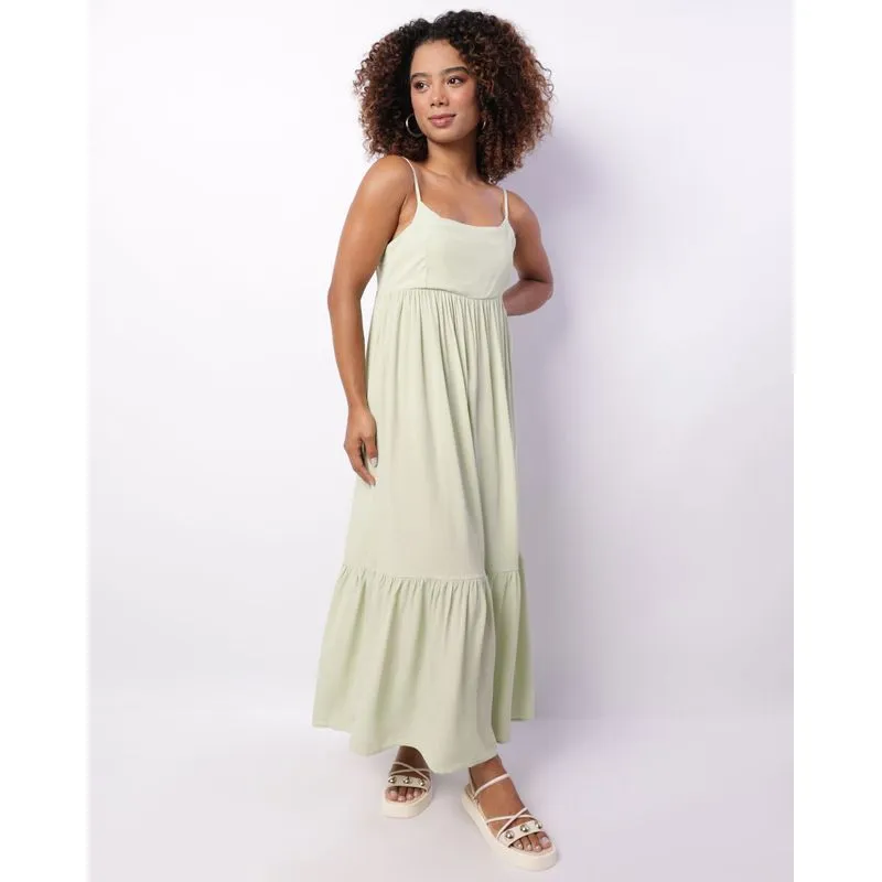 Vestido Feminino Longo Viscose Alcinha Com Botões Verde G