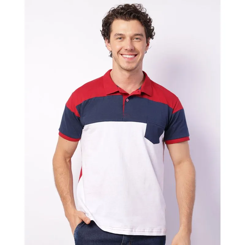 Camisa Polo Masculina Manga Curta Recortes Tricolor Bolso Vermelha P