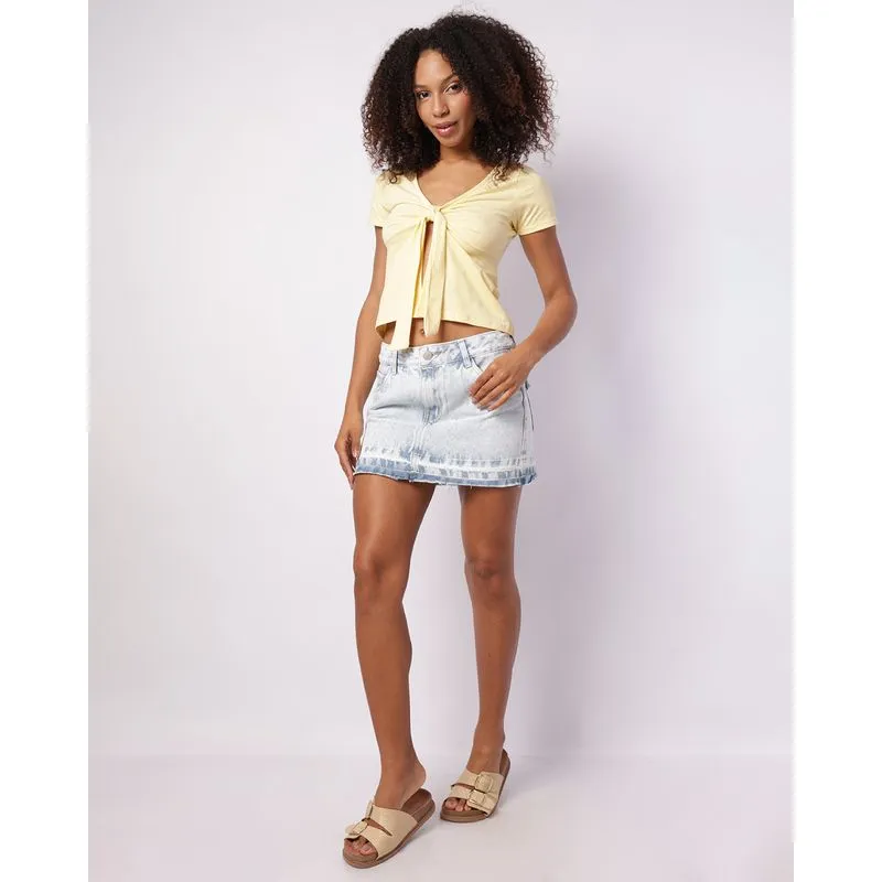 Minissaia Jeans Feminina Barra Desfiada Bolsos Azul 38