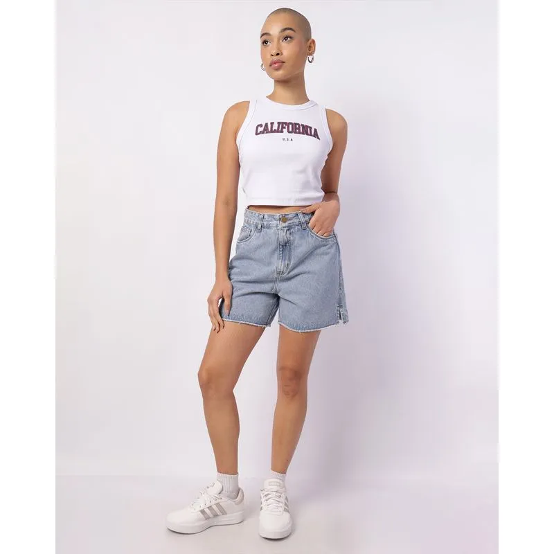 Bermuda Jeans Feminina Reta com Fendas Bolsos Barra Desfiada Azul 46