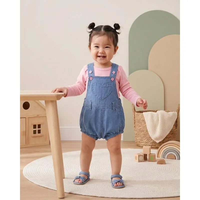 Jardineira Jeans Bebê Curto Coração Azul M