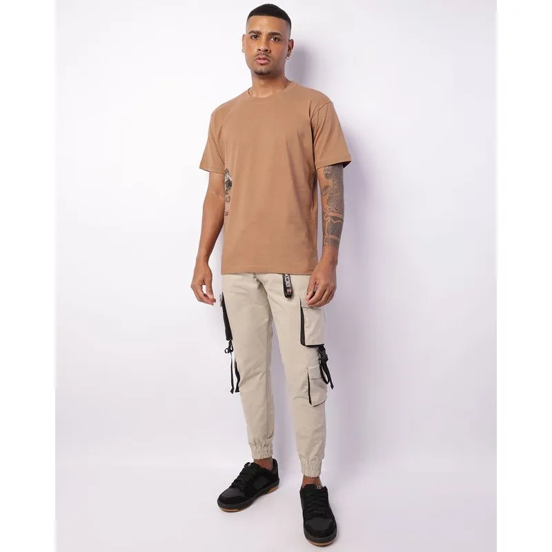 Calça Masculina Sarja Jogger Bolsos Cargo Com Aplicações Street Bege 40