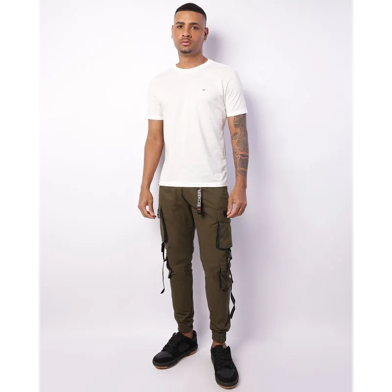 Calça Masculina Sarja Jogger Bolsos Cargo Com Aplicações Street Verde 38