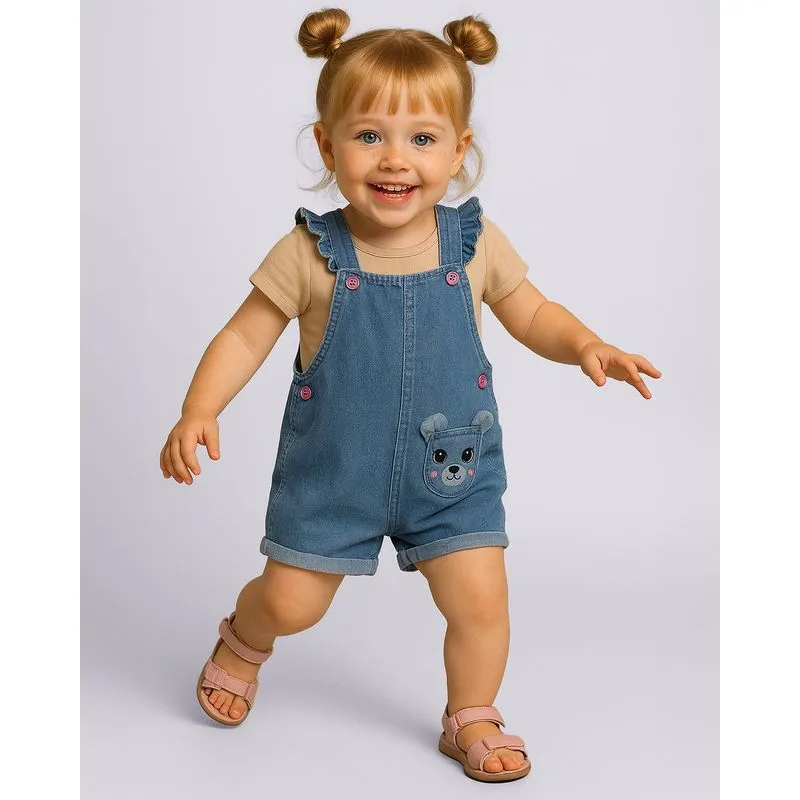 Jardineira Jeans Bebê Desenho Interativo Azul 3