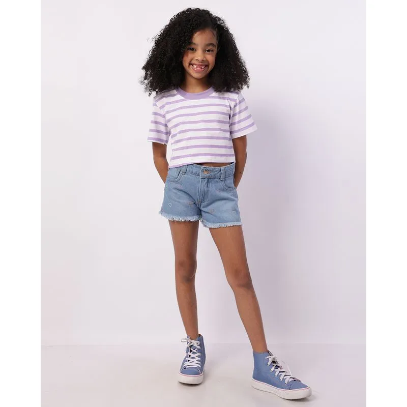 Short Jeans Infantil com Bordado Corações Azul 6