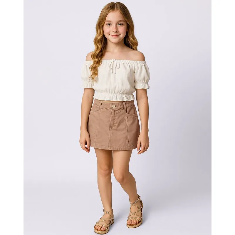 Short Saia Sarja Juvenil Curto com Bolsos Bege 10