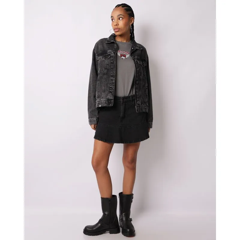 Minissaia Jeans Feminina Vizzy com Tachas Babado Preta 34