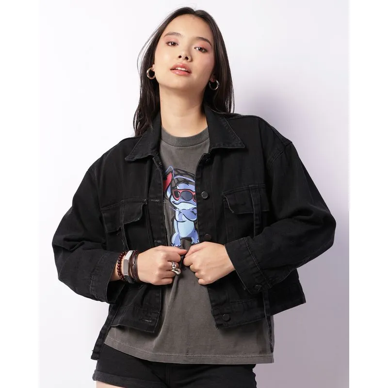 Jaqueta Jeans Feminina Manga Longa Com Bolsos Preta M