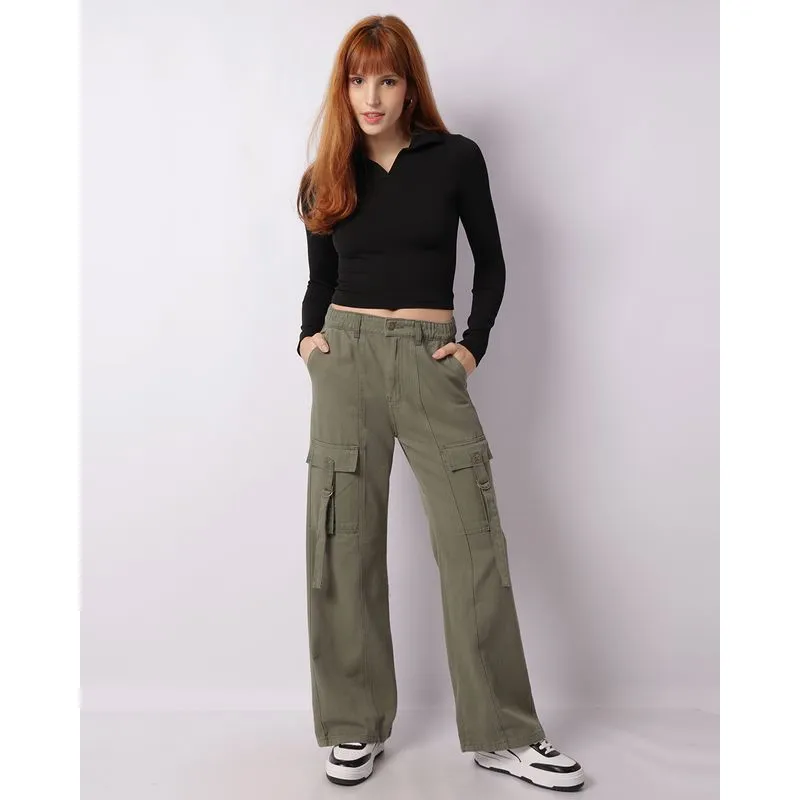 Calça Sarja Feminina Vizzy Wide Leg Cargo Verde 44
