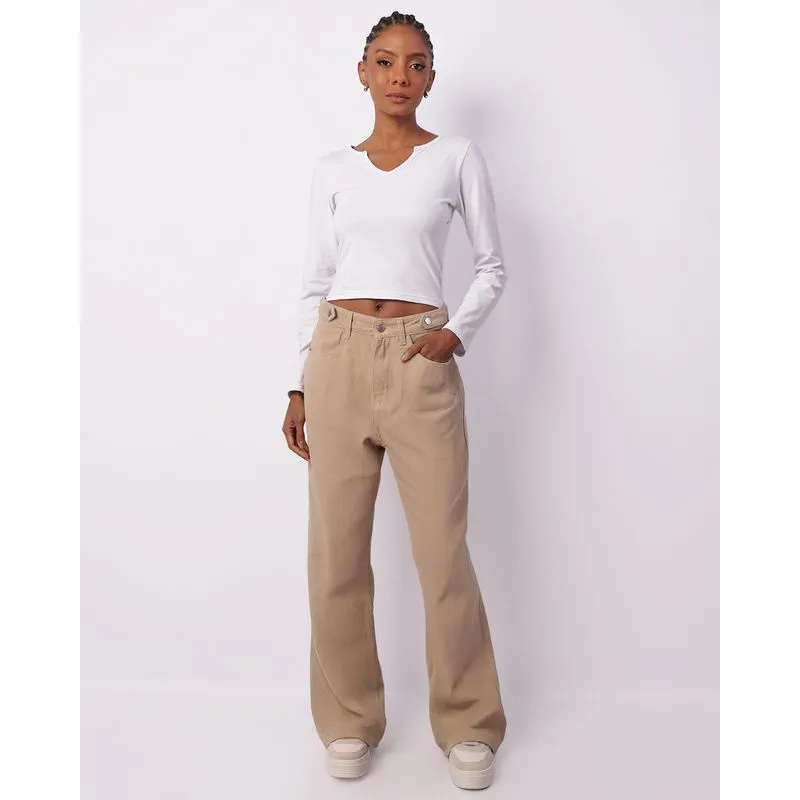 Calça Feminina Sarja Vizzy Wide Leg Bege 38