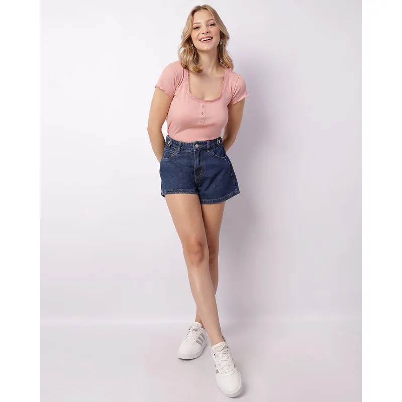 Short Jeans Feminino Vizzy Bolsos Ajustador Azul 38