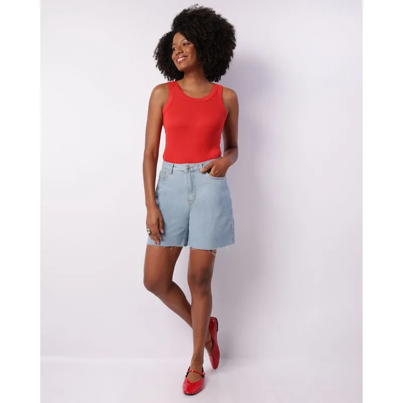Bermuda Jeans Feminina Barra Desfiada Básica Azul 44