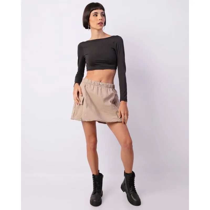 Saia Sarja Feminina Curta Balonê Bolso Cargo Bege 44