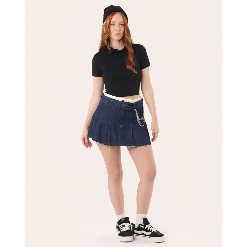 Saia Jeans Feminina Pregas Curta Cós Duplo Azul 36