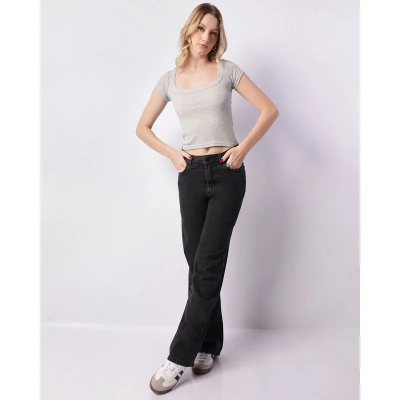 Calça Jeans Feminina Over Reta Preta 34