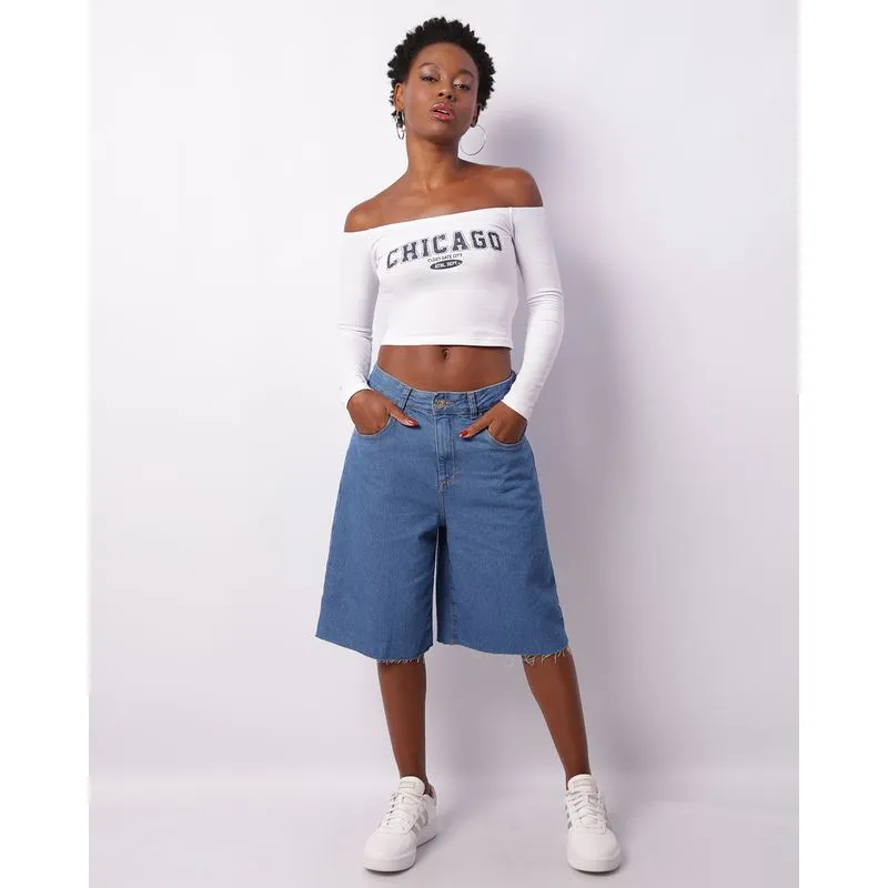 Bermuda Jeans Feminina Jort Barra Desfiada Azul 40