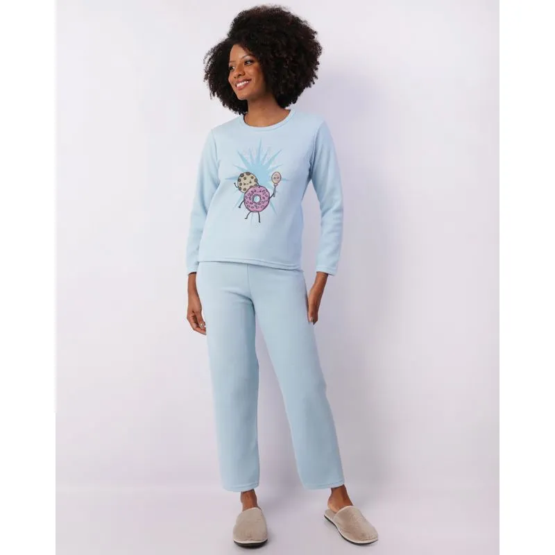 Pijama Feminino Longo Soft Estampa Frontal Azul GG