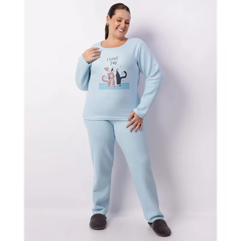 Pijama Plus Size Feminino Longo Soft Estampa Gatinhos Azul 48