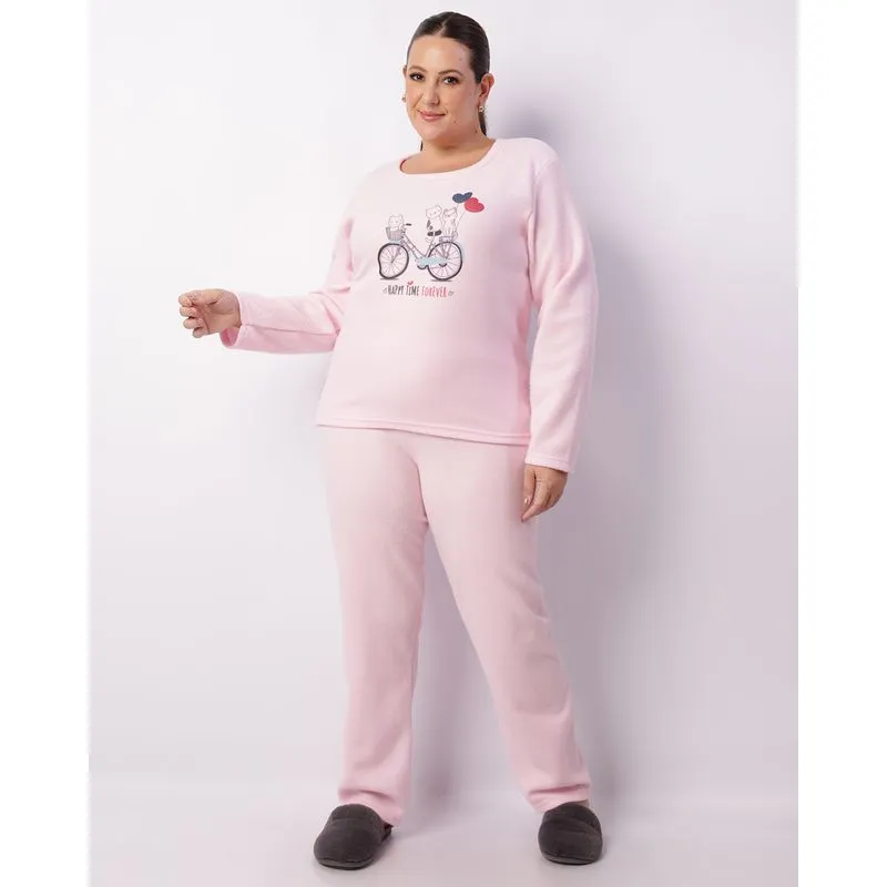 Pijama Plus Size Feminino Longo Soft Estampa Gatinhos Rosa 52