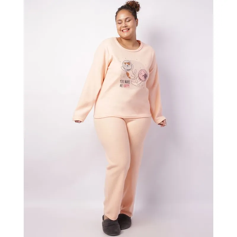 Pijama Plus Size Feminino Longo Soft Estampa Laranja 52