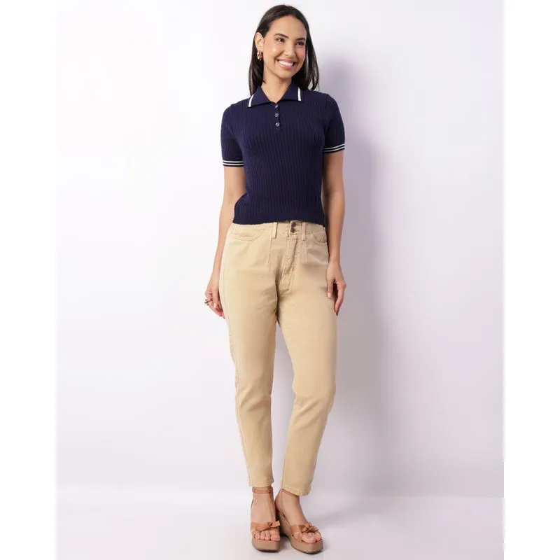 Calça Jeans Feminina Paper Bag Com Pregas Bege 38