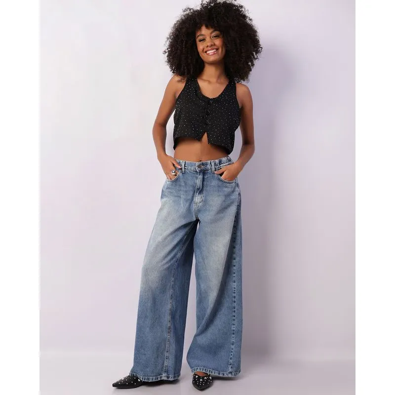 Calça Jeans Feminina Pantalona Estonada Azul 42