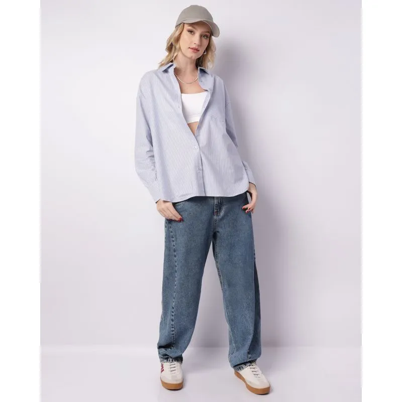 Calça Jeans Feminina Balloon Recorte Com Bolsos Azul 44