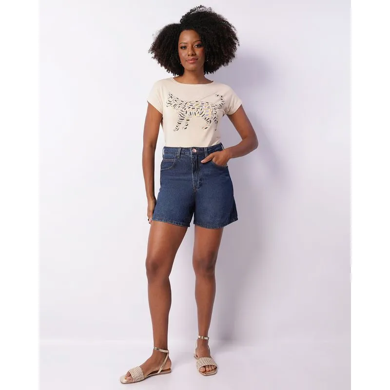 Bermuda Jeans Feminina Mom Azul 46
