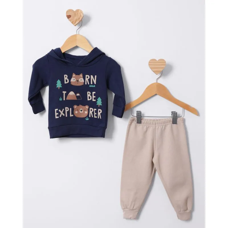 Conjunto Bebê Moletinho Com Capuz Estampado Marinho G
