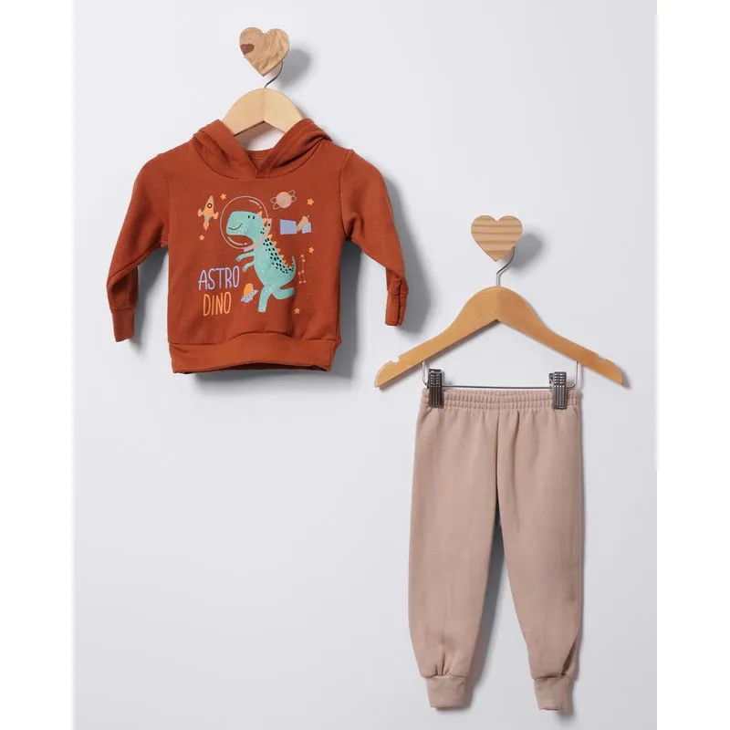 Conjunto Moletom Bebê Com Capuz Estampa Dinossauro Marrom G
